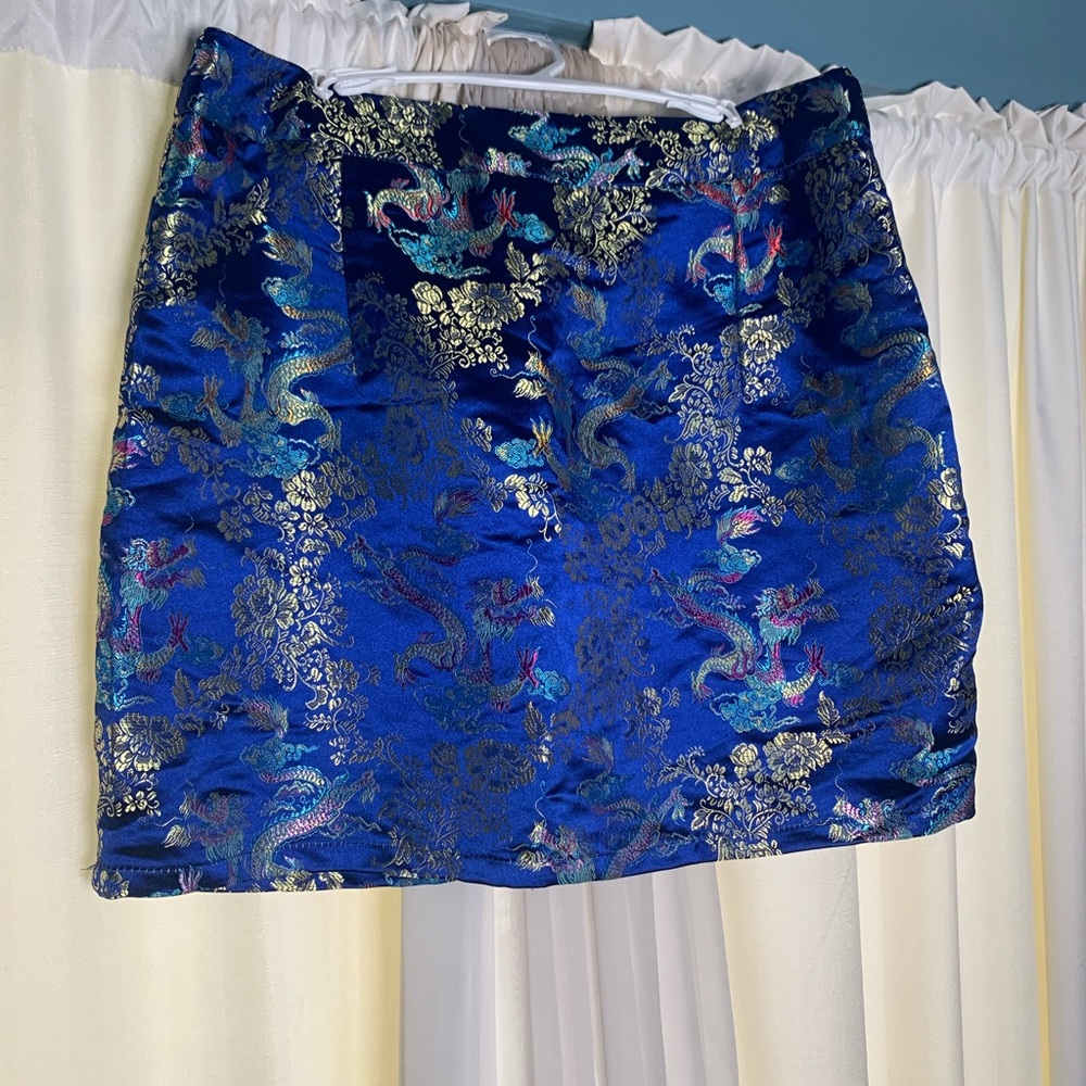 Blue Satin Dragon Detailed Mini Skirt